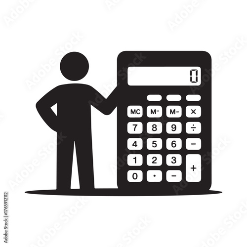 Silhouette of a person standing next to a large calculator