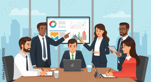 Business meeting in a modern office with diverse team collaborating on a project, analyzing charts and graphs on a large screen, discussing strategies with enthusiasm and professionalism