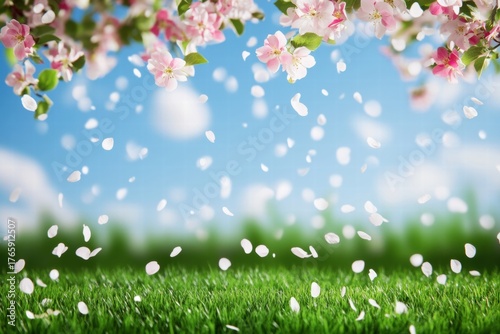 Blossoming Branches with Pink Flowers and Falling Petals Over Green Grass Under Blue Sky