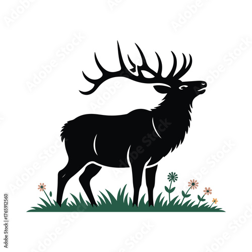 Goat and deer silhouettes in a winter forest with antlers and grass