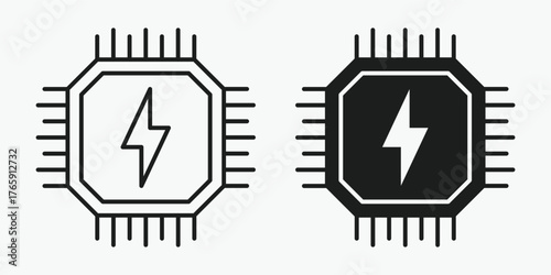 Energy saving chip icon in outline and solid style on gray background. Modern vector for eco power, efficient computing, and smart technology concepts.