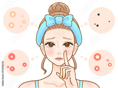 肌荒れに悩むニキビができた顏の大人女性のイラスト素材