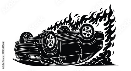 Upside down car engulfed in flames overturned fire