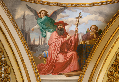 CAVA DE TIRRENI, ITALY - OCTOBER 7, 2025: The fresco of  St. Peter Damian in the church Abbazia Santissima Trinita by Vincenzo Morani (cca 1860).
