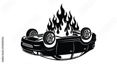 Upside down car engulfed in flames fire