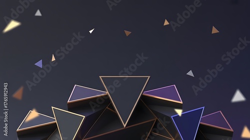 Dark Abstract Background with Floating Geometric Triangles and Golden Edges image photo