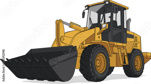 Illustration of yellow wheel loader heavy construction vehicle, industrial machinery for excavation and roadwork, engineering equipment, construction site concept
