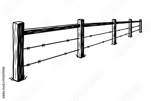Wooden fence with barbed wire post