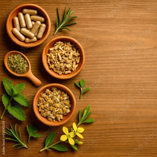 Wallpaper Mural A wooden bowl with a spoon and some herbs and spices Torontodigital.ca