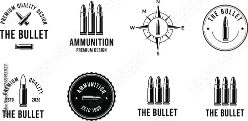 Ammunition logo set, black and white vector, bullet emblem collection, premium design labels, military style icons, tactical branding elements