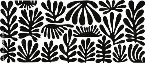 Abstract botanical silhouettes, black and white vector, cut-paper leaf shapes, modern art design, organic frond icons, decorative nature pattern illustration