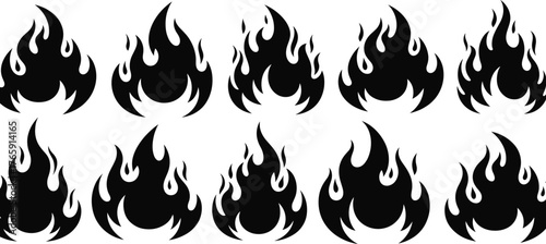 Black flame icon set, stylized fire silhouettes, vector illustration, symmetrical shapes, tattoo design, graphic elements, logo template, intense energy motif