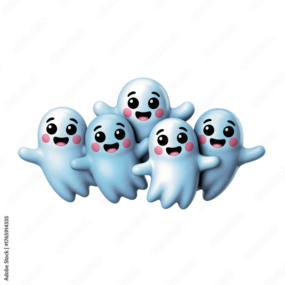 Obraz premium Group of cute cartoon ghosts with happy faces vector illustration for Halloween isolated on white background