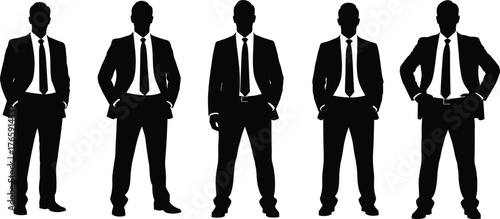 Business professional silhouettes, black and white vector, confident posture icons, corporate attire illustration, suit and tie design, office branding elements