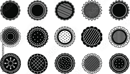 Circular pattern icon set, black and white vector, cookie-inspired designs, medallion shapes, decorative borders, geometric texture elements, graphic illustration bundle