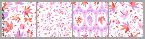 Set of fall patterns with colorful leaves, berries, flowers and bows on  white background. Cute delicate autumn pattern. Maple leaves, acacia, oak and rowan berries in pink and purple colors. Vector 