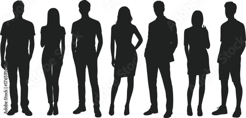 Silhouette of diverse young adults standing together in casual and formal outfits, teamwork concept, modern lifestyle, unity, fashion illustration