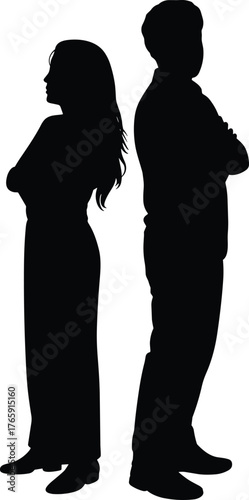 Silhouette of sad couple standing back to back with bare tree between them, relationship conflict, breakup, emotional distance illustration