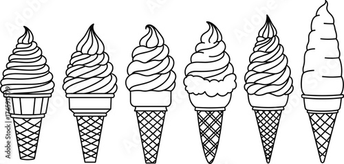 Ice cream cone silhouettes, black and white vector, swirl top designs, dessert icon set, sweet treat illustration, summer snack graphic