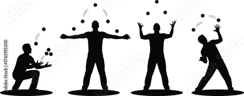 Juggling silhouette collection, black and white vector, performer poses, ball motion design, circus skill icons, coordination activity illustration set