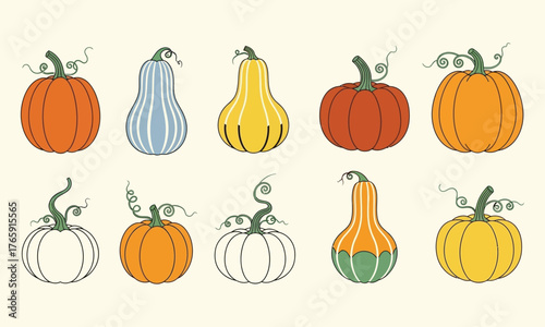 Minimalist flat illustration of nine stylized pumpkins and gourds in autumn colors on a clean white background