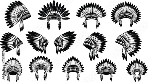Native American headdress silhouettes, black and white vector, feathered ceremonial icons, tribal headwear design, cultural heritage illustration, traditional ornament set