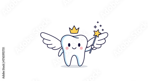 Cute Tooth Fairy with Wings and Magic Wand Illustration.
