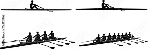Rowing silhouette collection, black and white vector, sculling and sweep icons, boat crew configurations, water sport illustration, athletic motion graphic set