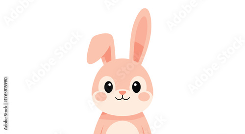 Cute pink bunny rabbit with long ears and happy face.