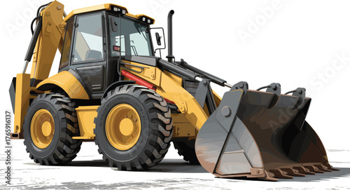 Yellow backhoe loader heavy construction machine with large bucket, industrial vehicle for excavation and roadwork, engineering equipment illustration
