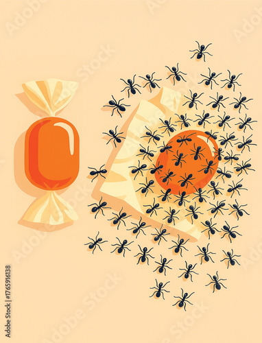 A Swarm of Ants Devours an Unwrapped Orange Hard Candy, While Another Remains Perfectly Sealed - A Contrast of Temptation and Preservation.