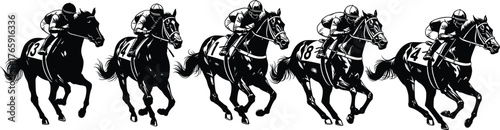 Horse racing silhouette bundle, black and white vector, jockey motion icons, competitive sport design, speed and action illustration, equestrian graphic set
