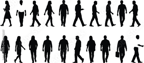 Walking people silhouettes, black and white vector, motion poses, standing figures, urban crowd design, casual attire icons, human behavior illustration
