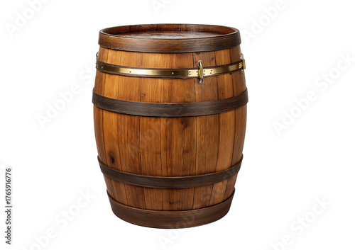 Wooden Barrel with Brass Trim isolated on a transparent background