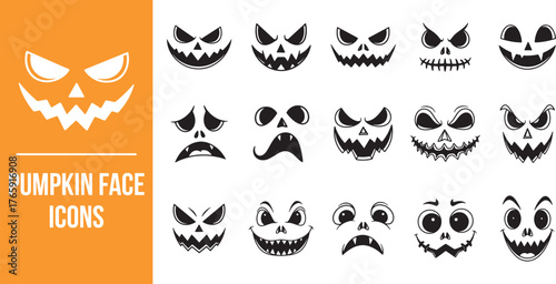 Halloween Pumpkin Face Icons Set | Jack O’Lantern Expressions Vector Collection.