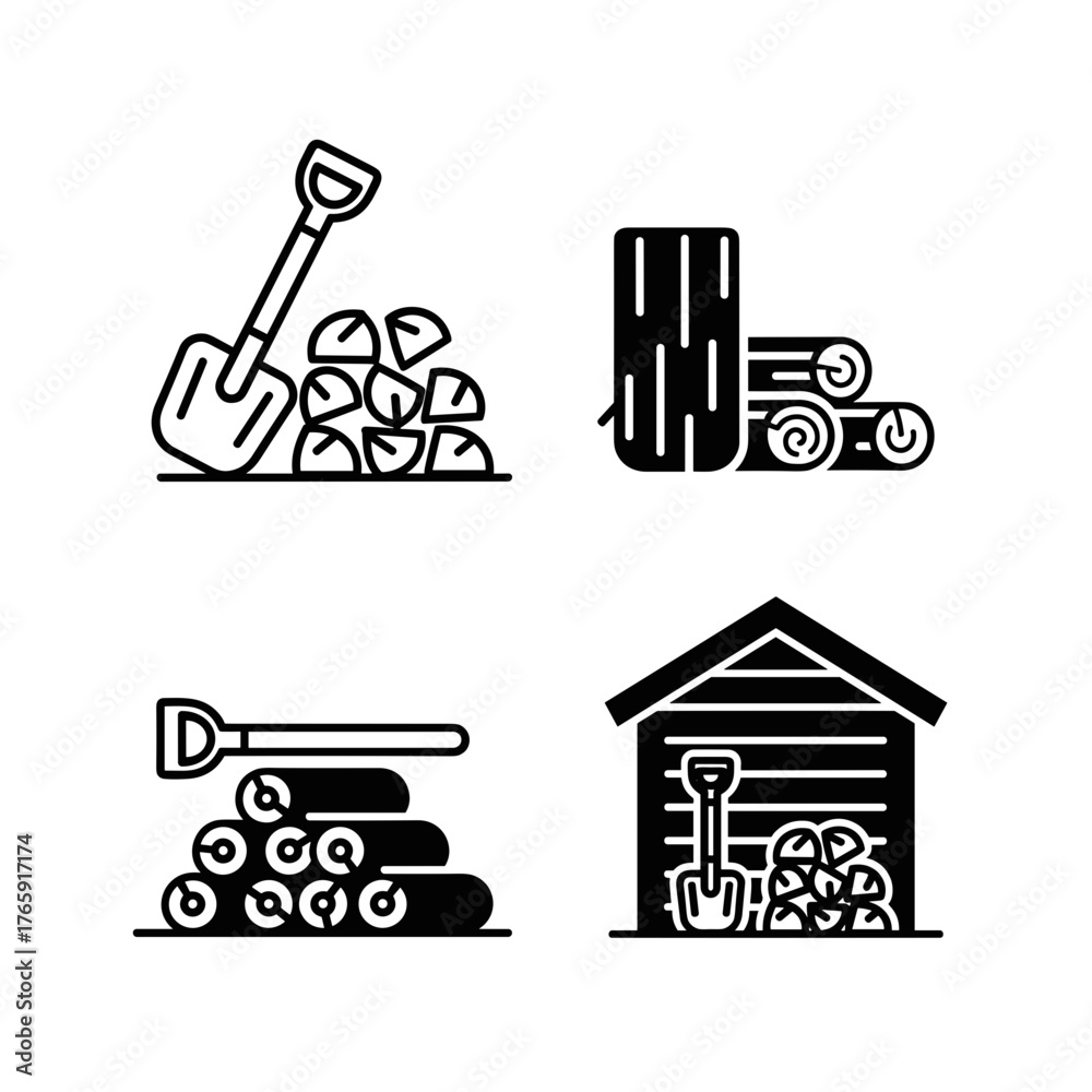 Fototapeta premium Shovel and firewood stack outdoors in winter yard, heating preparation and seasonal household work