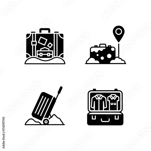 Packed suitcase on snow for winter travel with clothing, vacation planning and tourism icons