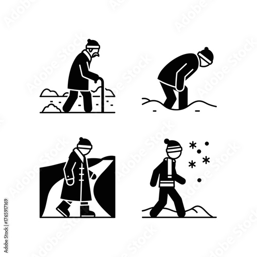 Old man and various figures walking on snow paths, winter outdoor activity and mobility