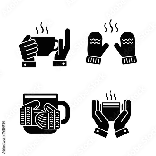 Gloved hands with tea cup icons representing warmth and comfort in winter, beverage enjoyment