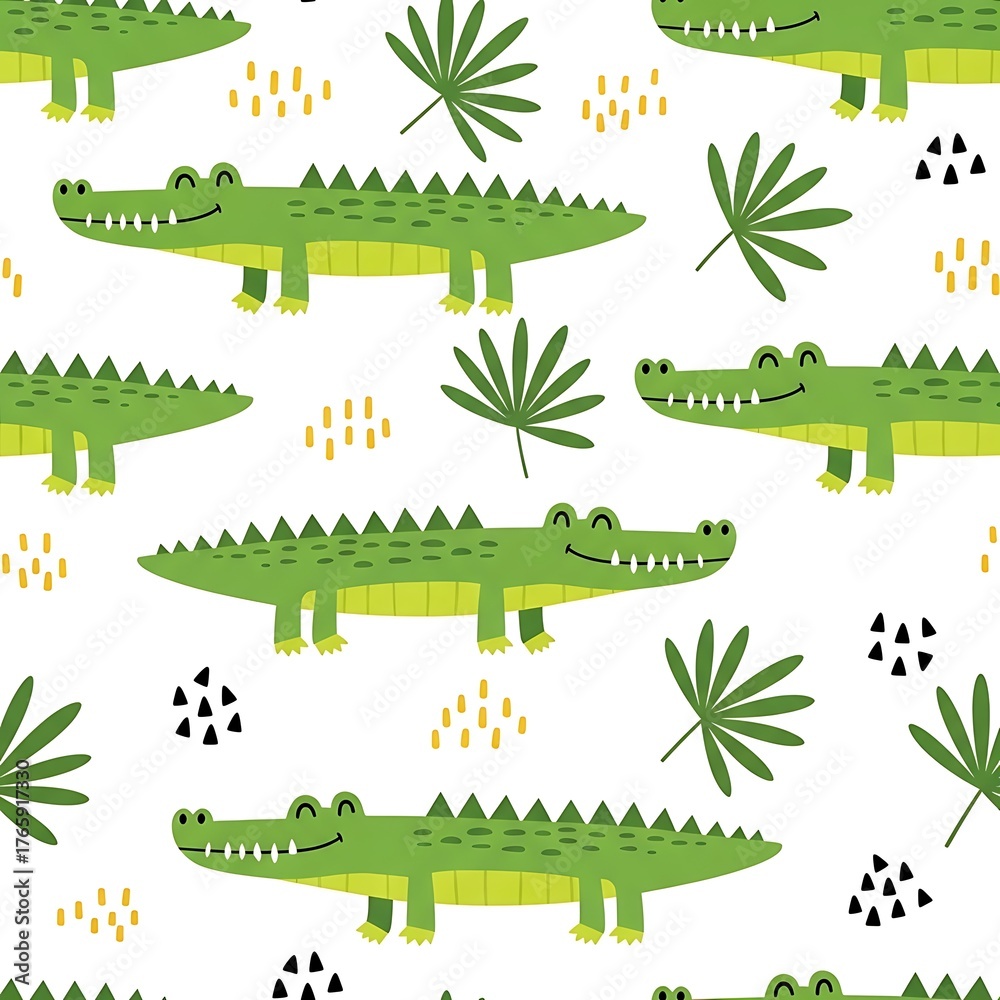 Naklejka premium Cute cartoon alligators and tropical leaves seamless pattern on white background
