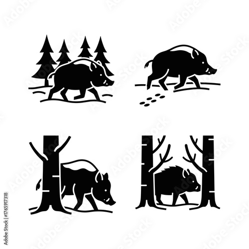 Wild boar silhouettes in snowy forest scenes, wildlife and nature conservation