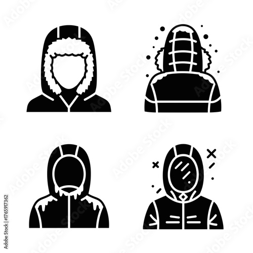 Winter jacket hood up in cold weather outdoors, person dressed for snow protection and warm clothing fashion