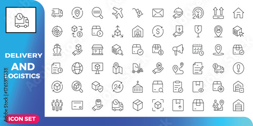 A Comprehensive Collection of Delivery and Logistics Icons Featuring Shipment, Tracking, Global Transportation, Location, and Warehouse Icons in a Detailed Icon Set
