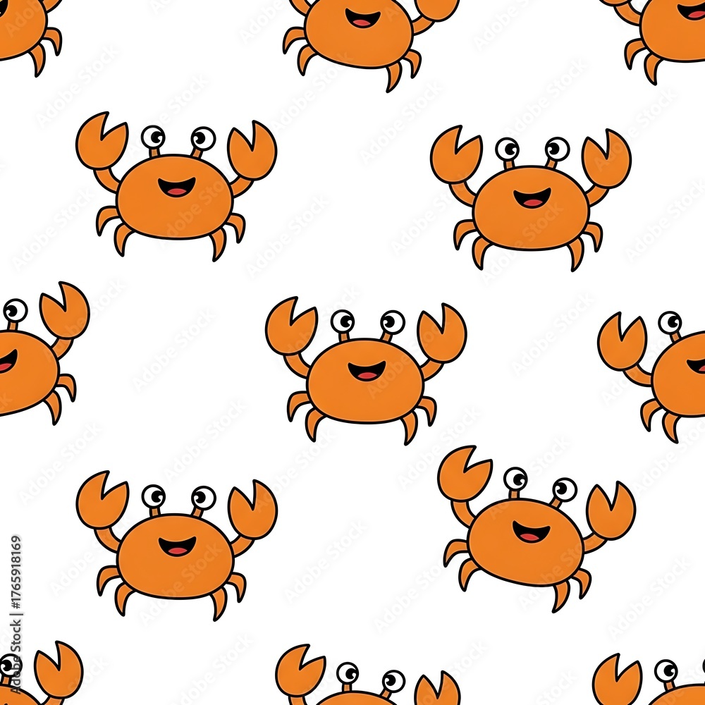 Fototapeta premium A seamless pattern featuring cheerful orange cartoon crabs on white background