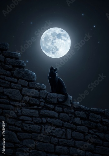 A mysterious black cat observes the tranquil night under the luminous glow of a full moon, perched on an ancient stone wall