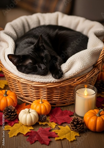 Peaceful Black Cat Napping in Cozy Basket Amidst Autumn Decor A Serene Fall Scene