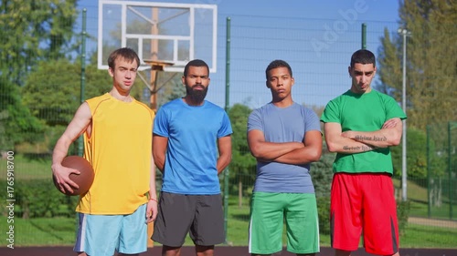 Portrait of sporty fit diverse multiracial male basketball players with ball standing on outdoor court, looking with serious stares, expressing confidence, readiness for game and determination