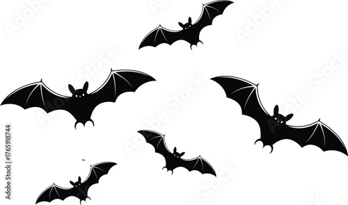 Black silhouette illustration of flying bats for halloween decoration