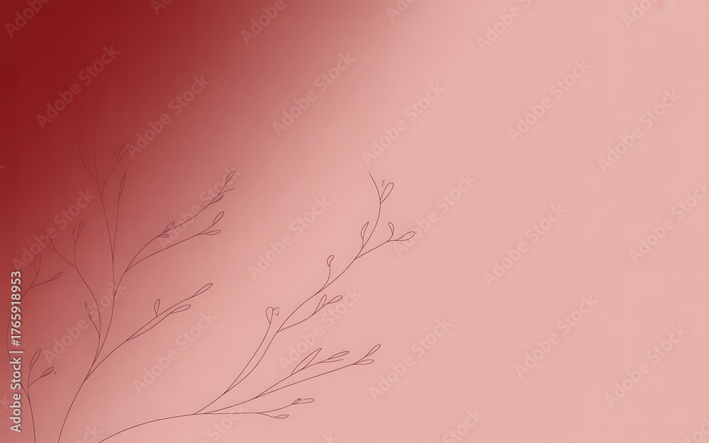 Fototapeta premium Delicate branch with leaves on soft pink and red gradient background