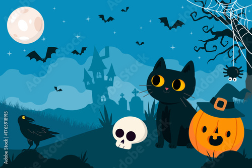 Halloween night scene with cute black cat pumpkin jack o lantern skull bat moon haunted house spider web and crow in a blue graveyard perfect for kids party banners Style flat vector illustration